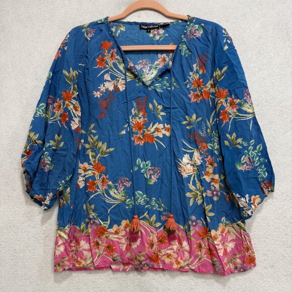 Tolani Collection Blouse Womens Medium Blue Floral Boho Peasant Modal 3/4 Sleeve - Picture 1 of 8
